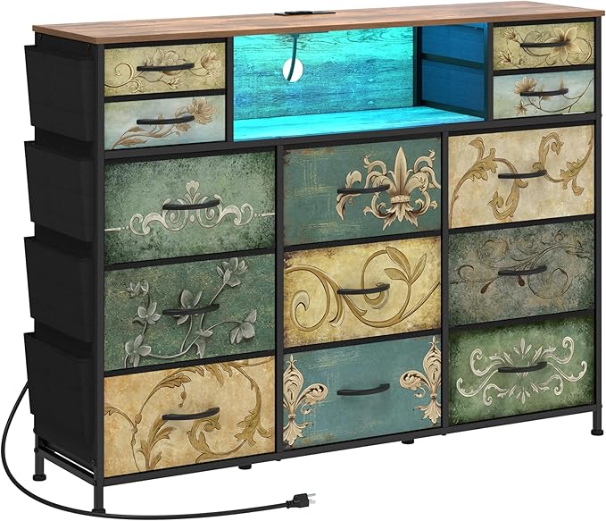 Tohomeor Retro Dresser with Charging Station & LED Light with Boho Fabric Drawers for Bedroom Chest of Drawers TV Stand with Power Outlet Open Shelf Storage (13 Drawers)