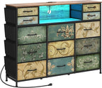 Tohomeor Retro Dresser with Charging Station & LED Light with Boho Fabric Drawers for Bedroom Chest of Drawers TV Stand with Power Outlet Open Shelf Storage (13 Drawers)