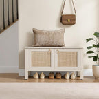 SICOTAS Rattan Shoe Rack Bench with Lift Top Storage: White Farmhouse Boho Shoe Cabinet Entryway Bench with Safety Hinges, Wooden Storage Chest for Bedroom, Entryway, Hallway, Living Room