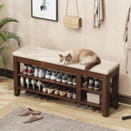 Shoe Bench for Entryway, Solid Rubberwood Shoe Bench with Hidden Storage, Adjustable 2-Tier Shelves & Soft PU Leather Seat, Shoe Rack Durable Easy Assembly for Hallway or Bedroom - Beige, 47.2"