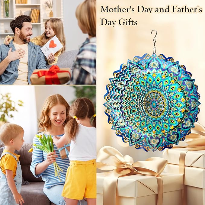 Wind Spinner Mandala Peacock - 12In Laser Cut Stainless Steel Wind Spinners Outdoor, 3D Kinetic Hanging Sculpture, Rustproof Metal Garden Decor Yard Art, Unique Gift for Women, Men, Holidays