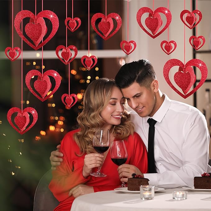 Deloky 16 Pcs Valentine's Hearts Hanging Foil Decoration- Wine Red 3D Glitter Heart Garland Ornament- Swirl Heart Ceiling Ornaments for Valentines, Wedding, Engagement, Anniversary Party Decor