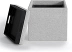SIMPLIHOME Rockwood Cube Storage Ottoman with Tray - 17 inch Wide Upholstered Linen Look Fabric Square Storage Ottoman in Cloud Grey, Contemporary Cube Ottoman for Living Room with Serving Tray