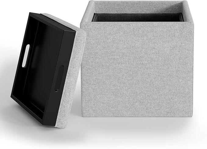 SIMPLIHOME Rockwood Cube Storage Ottoman with Tray - 17 inch Wide Upholstered Linen Look Fabric Square Storage Ottoman in Cloud Grey, Contemporary Cube Ottoman for Living Room with Serving Tray