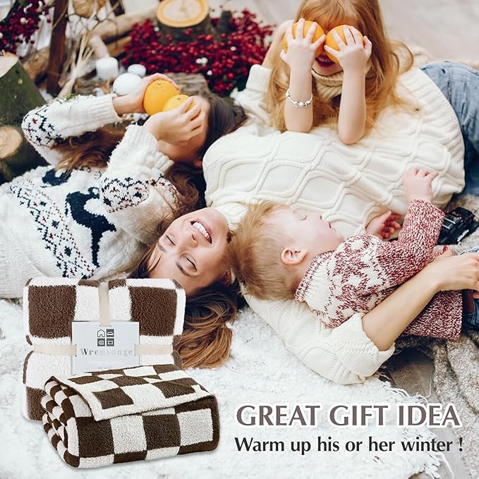 WRENSONGE Checkered Throw Blanket, Coffee Soft Cozy Fluffy Warm Hand Made Throw Blankets for Couch, Sofa, Chair, Bed, Camping, Picnic, Travel Lightweight Bed Blanket - 50"*70"