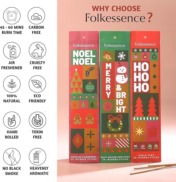 Folkulture Incense Sticks (120 Sticks) | Set of 6 Premium Incense for Meditation, Aromatherapy, Gifts | No Charcoal,Organic, Non Toxic, 45 Mins, Long Burning Peppermint, Apple Tart Insence-Sticks