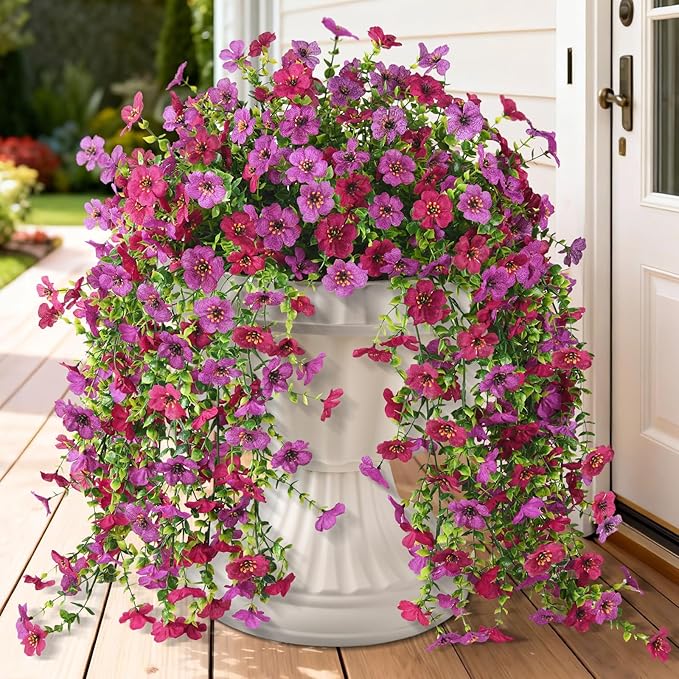 Homsunny Artificial Hanging Flowers for Outdoor, 2PCS Fake Flowers Faux Silk Daisy with Eucalyptus Leaves, UV Resistant Aritificial Flowers for Spring Home Patio Yard Porch Decor (Light Purple Red)