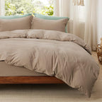 Bedsure Duvet Cover Queen Size with Fitted Sheet - 4 Pieces Prewashed Cotton-Like Polyester Extra Soft Bedding Set, Includes 1 Duvet Cover 90x90 Inches, 2 Pillow Shams, 1 Fitted Sheet, Deep Beige