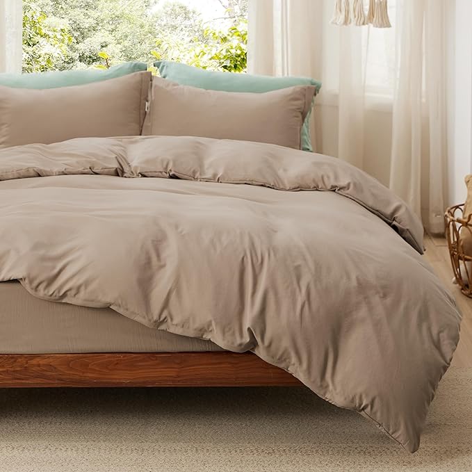 Bedsure Duvet Cover Queen Size with Fitted Sheet - 4 Pieces Prewashed Cotton-Like Polyester Extra Soft Bedding Set, Includes 1 Duvet Cover 90x90 Inches, 2 Pillow Shams, 1 Fitted Sheet, Deep Beige