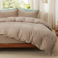 Bedsure California King Size Duvet Cover with Fitted Sheet - 4 Pieces Prewashed Polyester Extra Soft Bedding Set, Includes 1 Duvet Cover 104x98 Inches, 2 Pillow Shams, 1 Fitted Sheet, Deep Beige
