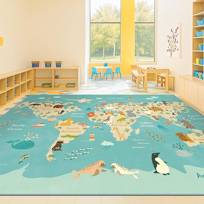 Large 8x10 Playroom Rugs - Kids Play Rug for Classroom Elementary, Bedroom, Living Room, Washable Soft Cute World Map Carpet with Ocean, Continents & Animals