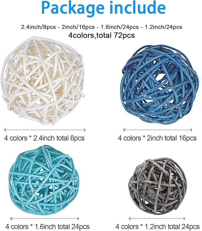 Patelai 72 Pcs Wicker Rattan Balls Decorative Balls for Vase Centerpiece Bowls Orbs Filler for Spring Summer Craft Home Decor, 4 Sizes(Dark Blue, Sky Blue, Gray, White)