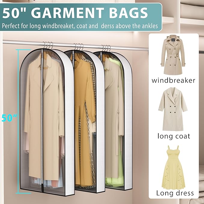 50” Garment Bags for Hanging Clothes 4” Gusseted - with Clear Window, Breathable Fabric, Metal Zipper, Suit Coat Long Dress Protector for Clothes Closet storage, Season Off, Moving, 5 Pack