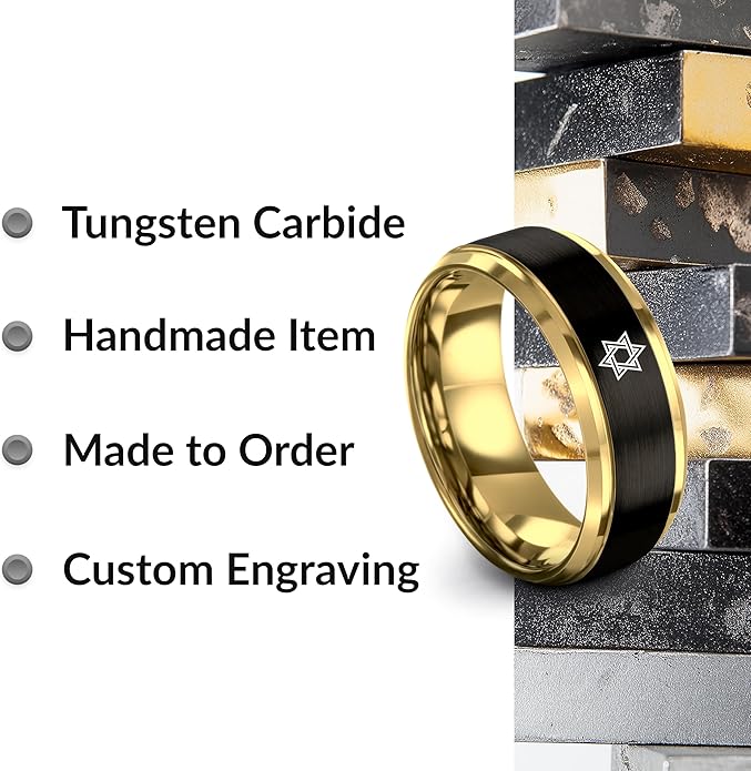 Mezuzah star Of David Ring - Gift for Jewish Family - Flat Dome Bevel - 8mm - Men Women - Yellow Gold Black Silver Blue - Anniversary Wedding - Personalized Custom Engraving - Band - Brushed Polished