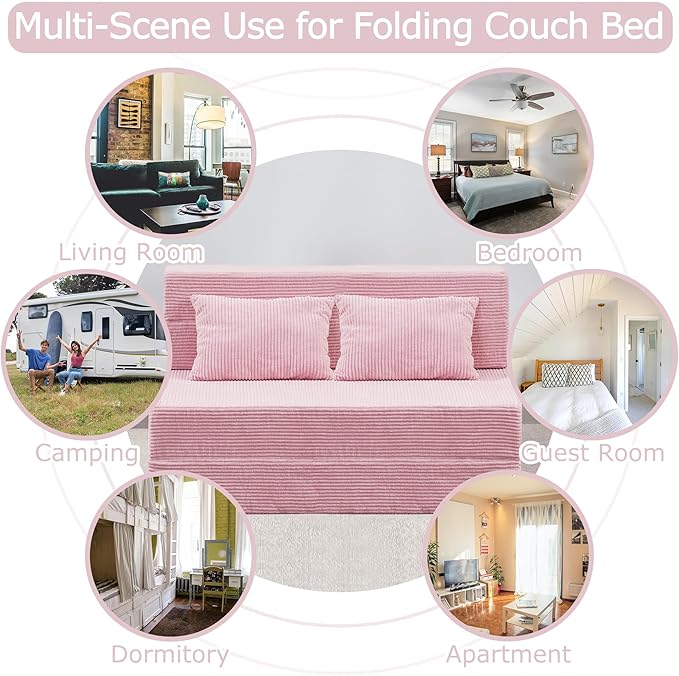 Folding Sofa Bed, 4 in 1 Convertible Sleeper Chair with Pillow, Twin Memory Foam Fold Out Chair Bed, Modern Floor Futon Sofa Couch Mattress for Living Room/Guest/Apartment, Pink