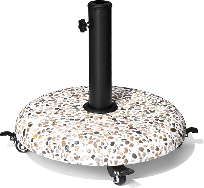 45lbs Patio Umbrella Base with 4 Wheels, Round Cobblestone Concrete Stand, Heavy Duty Market Umbrella Stand for Outdoor