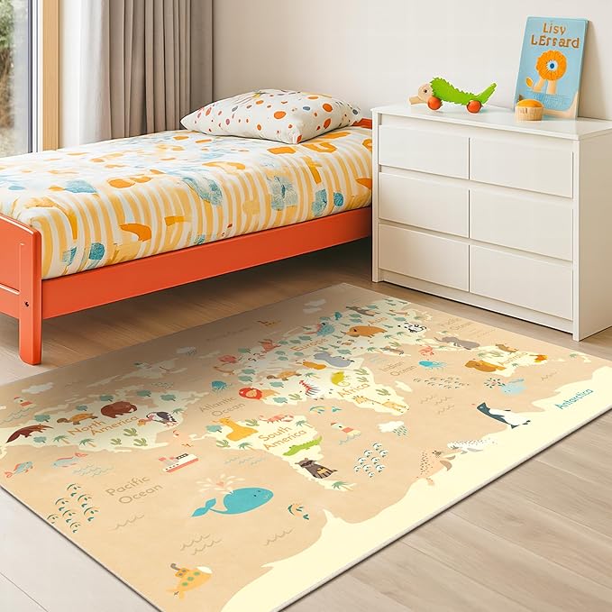 3x5 Animal World Map Bedroom Rug for Kids – Soft Educational Play Mat with Cute Animals by Continent, Washable Stain Resistant Toddler Baby Nursery Rug - Beige