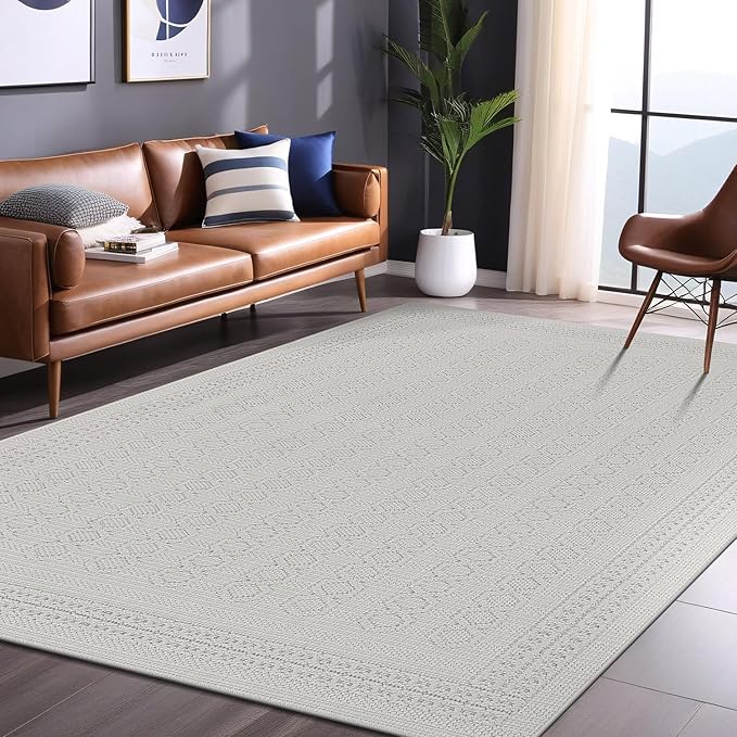 Micro Loop Indoor Rug White 8x10 Boho Geometric Neutral Area Rugs for Living Room Soft Luxury Modern Low and High Pile Durable Stain Resistant Non-Shedding Indoor Area Carpet 8 x 10