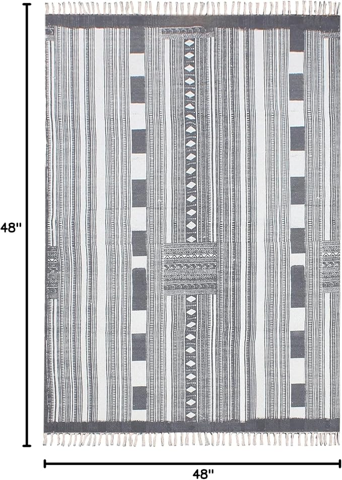 Area Rug 4' Square Rug Gray & Beige Cotton Dhurrie Striped Thick 0.19 inches Stone Easy Washable Rug Hand Wash Cotton Carpet Flatweave Rug Indoor Outdoor Rugs for Kitchen, Bedside, Enterway