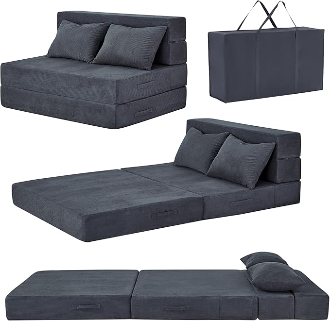 Folding Sofa Bed, 4 in 1 Convertible Sleeper Chair with Pillow, Twin Memory Foam Fold Out Chair Bed, Modern Floor Futon Sofa Couch Mattress for Living Room/Guest/Apartment, Dark Grey