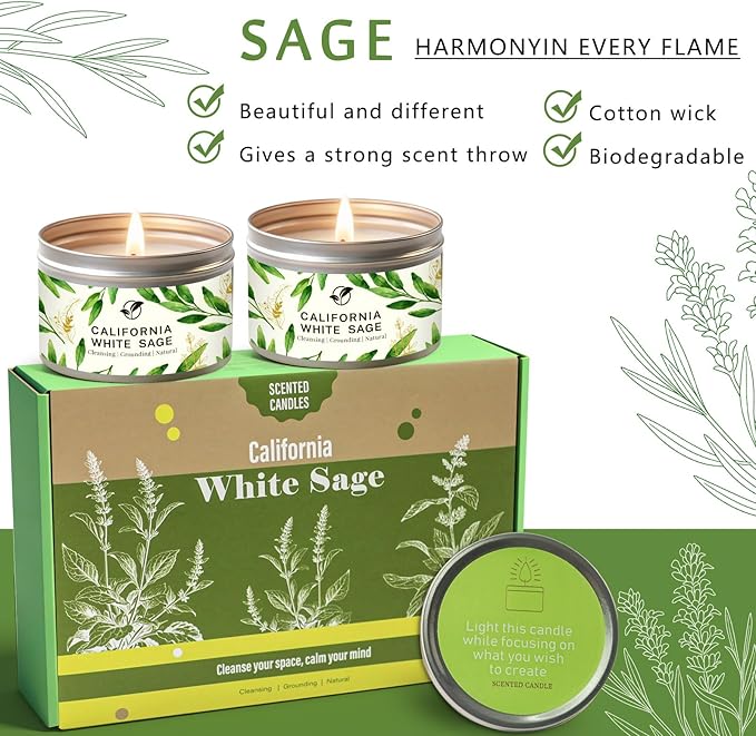 6 Pack Sage Candles Gift Set - Natural Soy Wax Candle Smokeless Clean Burn, Calming Aromatherapy Candles for Home Relaxation, Home Office & Gifting