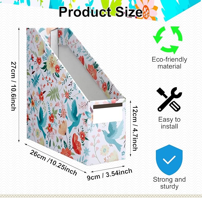 Thenshop 24 Pcs Cardboard Magazine File Holders Magazine Book Bin Box with Label Sticker Paper Organizer Storage Folder for Desk Shelves School Classroom Office Supplies (Floral,Multicolor)