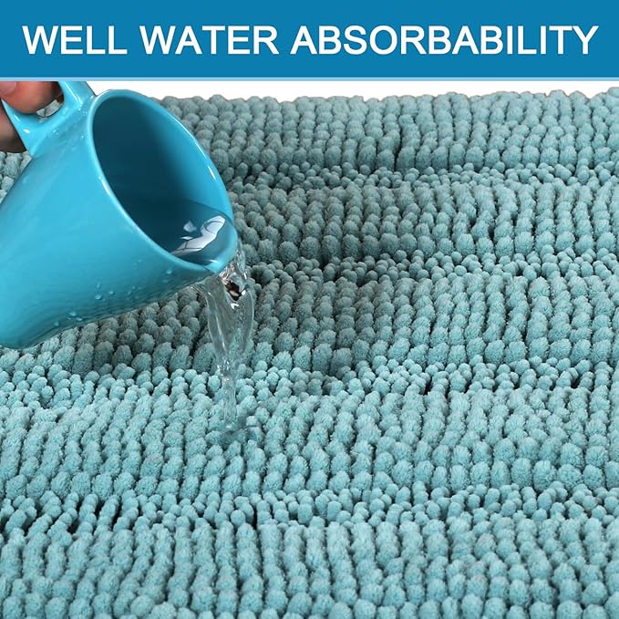 H.VERSAILTEX Bath Mats for Bathroom Non Slip Extra Thick Chenille Striped Bath Rug 24" x 36" Absorbent Non Skid Fluffy Soft Shaggy Rugs Washable Plush Mats for Indoor, Bath Room, Tub - Aqua Haze