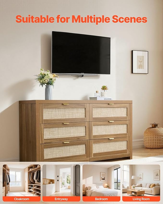VEVOR Large Boho Dresser for Bedroom, 57" Wide Rattan Dresser 6 Drawer with Ample Storage, Modern Wood Chest of Drawers Closet TV Stand Dressers for Living Room, Walnut Oak