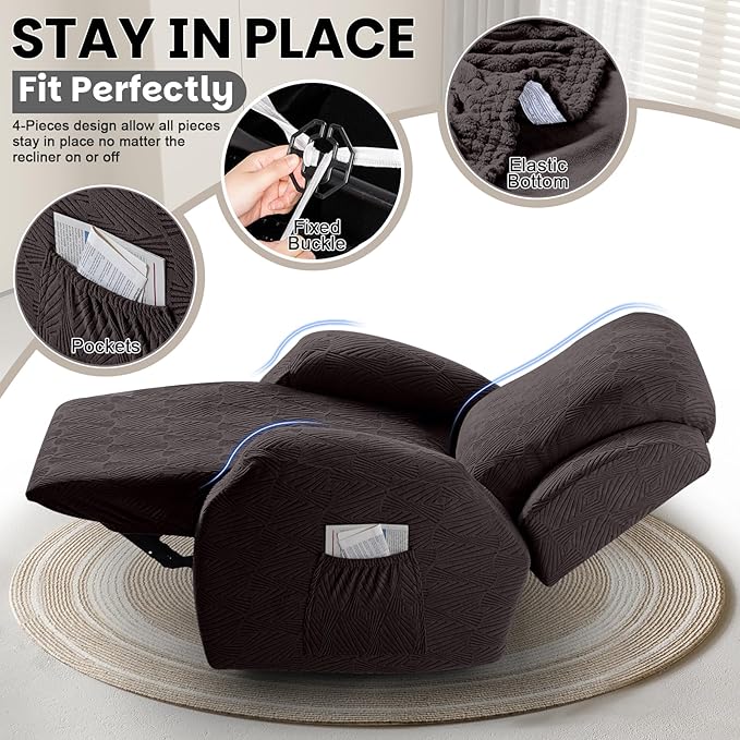 VANSOFY Recliner Chair Covers, 4-Pieces Stretch Recliner Cover Jacquard Soft Reclining Chair Slipcover Furniture Protector with Elastic Bottom for Lazy Boy Recliner(Chocolate)
