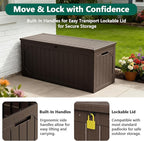 Outdoor Storage Box, 98 Gallon Deck Box, Outdoor Storage Bench, Waterproof Resin Storage Bench with Lockable Lid, Patio Furniture Cushions & Garden Tools Storage, UV Resistant (Brown)