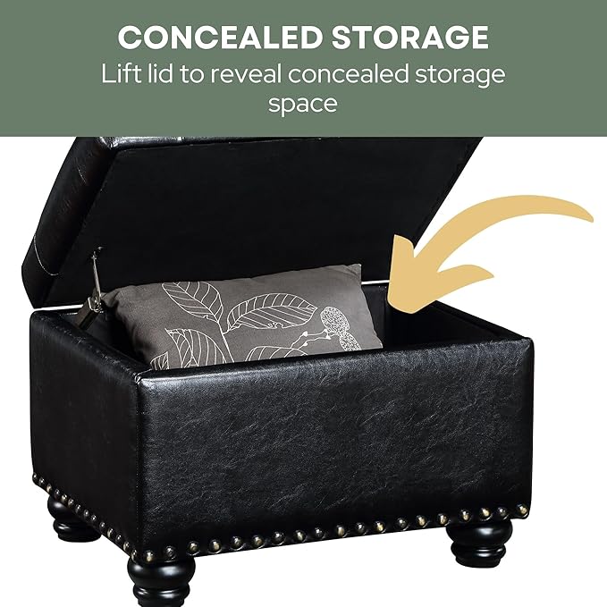 Convenience Concepts Designs4Comfort 5th Avenue Upholstered Storage Ottoman 24" - Contemporary Foot Stool and Seat with Hinged Lid for Living Room, Dining Room, Office, Den, Black Faux Leather