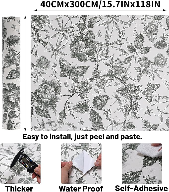 Drawers Liner Contact Paper for Dresser Peel and Stick Wallpaper Sketched Design 15.7x118in Self Adhesive Removable Green Maroon Rose Floral Butterfly Vintage Cabinet Shelf Renter Friendly