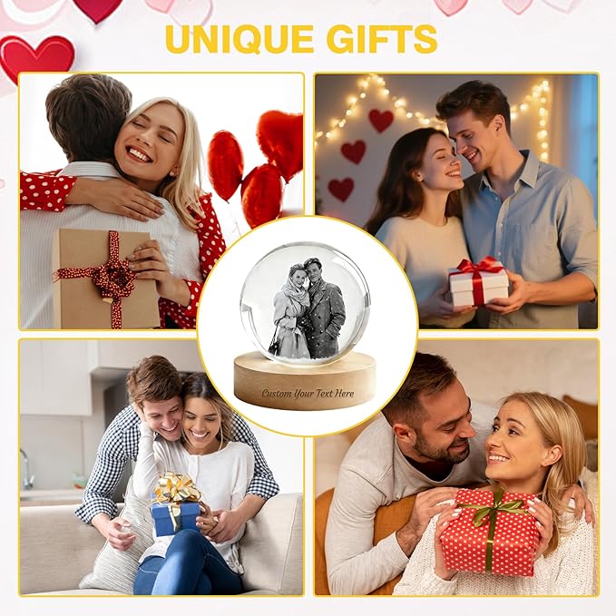 QYH Personalized 3D Crystal Photo Snow Globe, 3D Engraved Memory Sphere with Wooden Base, LED Night Light, Custom Gifts for Pets, Couples, Babies, Parents, Anniversary, Christmas, Birthday