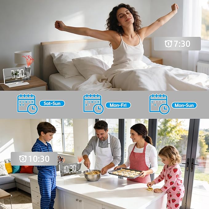 Amgico Projection Alarm Clock,Digital Clock with Projection,7.3" Mirror Clock with 180°Rotating Projector,Dual Alarm with 3 Mode,Bright Adjust,DST,Snooze,Charging Port,5 Levels Volume for Desk Teens
