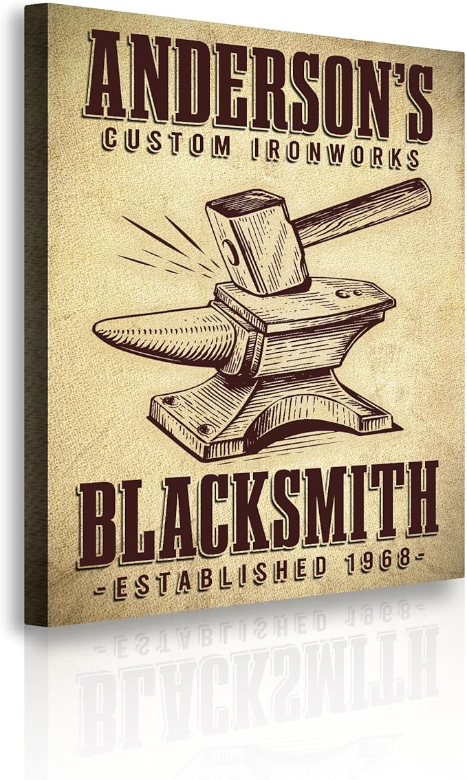 TAILORED CANVASES Custom Ironworks Wall Decor – Personalized Shop Sign for Men, Rustic Home Accent, Metal Craft Artwork, Blacksmith Knowledge Poster, Vintage Workshop Piece, Handmade Design