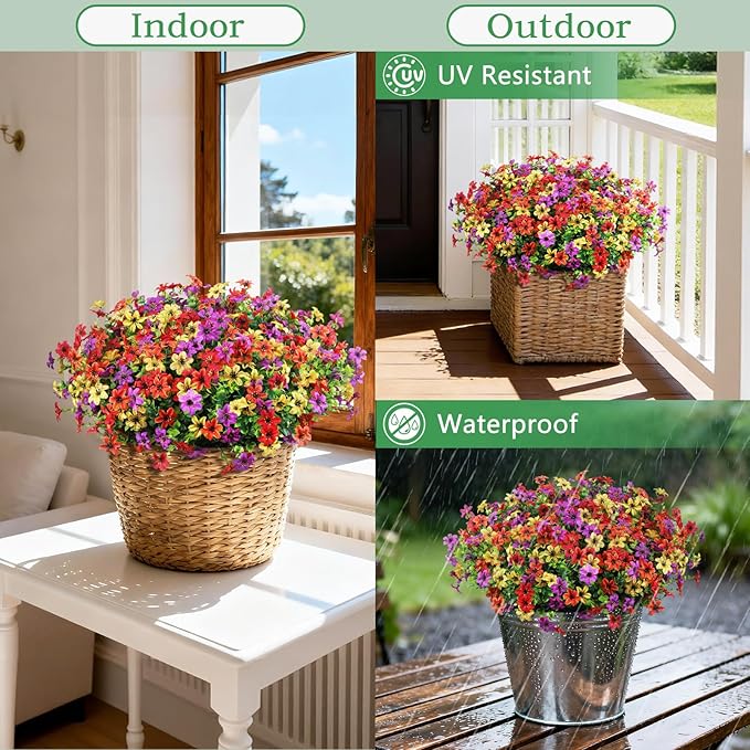 Artificial Flowers for Outdoors 12 Bundles Realistic Faux Silk Flower with Eucalyptus Stem, Fake Plants UV Resistant No Fade for Outside Planter Porch Patio Yard Window Garden Spring Summer Decoration