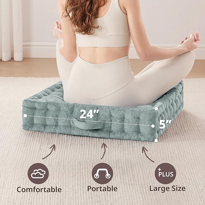 Intelligent Design Large Floor Pillow for Adults Yoga or Meditation Cushion with Handle, Floor Cushion for Board Games, Lustrous Chenille Tufted, Handsewn Scalloped Edge, Azza, 24" x 24" x 5" Aqua