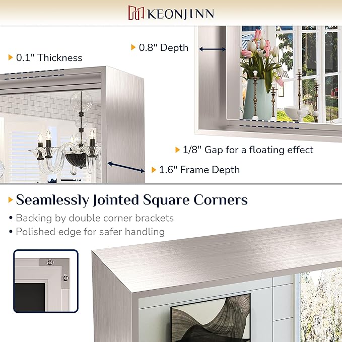 Keonjinn Brushed Nickel Bathroom Mirror 40 x 30 in Rectangle Frame Mirror for Over Sink, Rectangular Metal Framed Vanity Mirror Square Corner Aluminum Alloy Modern Silver Mirror(Horizontal/Vertical)
