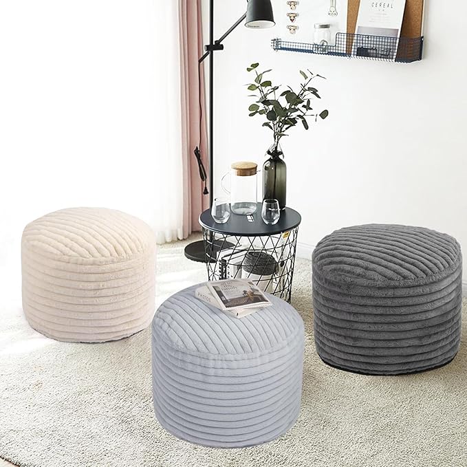 Round Stuffed Pouf Ottoman Foot Rest for Couch Round Ottoman with Foam Chunk Filling Stripe Faux Fur Ottomans for Living Room Floor (20"x15",Dark Grey)