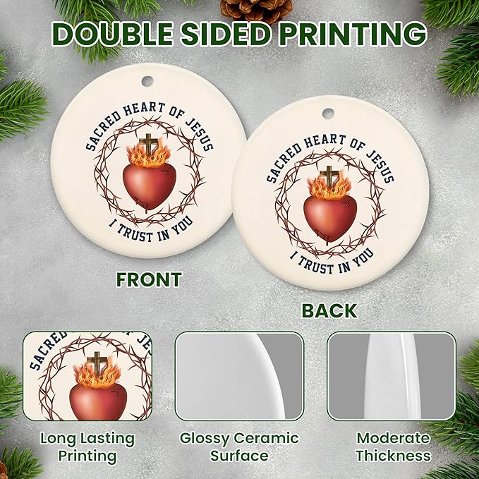 FLAGWIX Christmas Christian Gifts for Women Men - Sacred Heart Ceramic Christmas Ornaments 2025 for Xmas Decorations - Religious Gifts for Women, Religious Ornaments, Spiritual Christian Gift Ideas