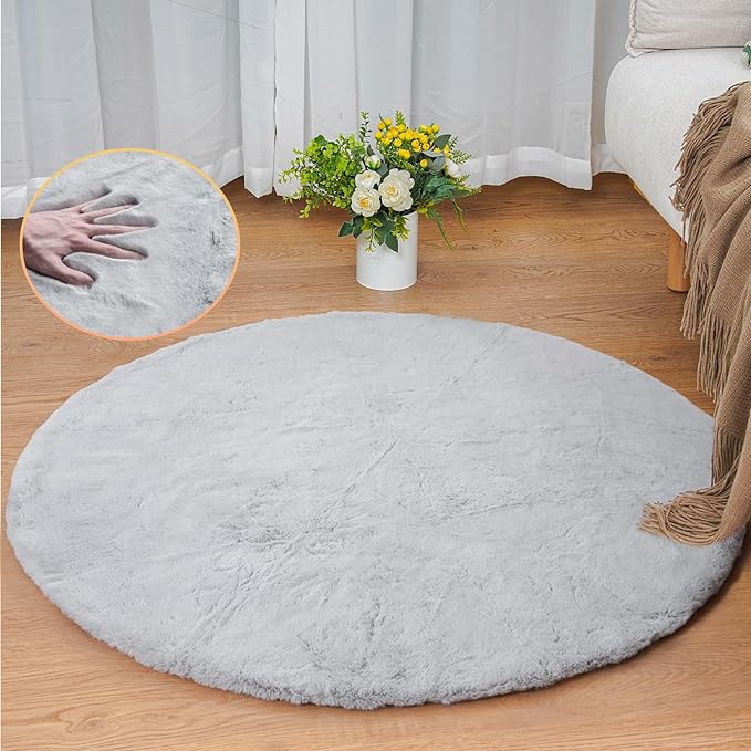 Round Furry Rugs for Living Room Faux Rabbit Fluffy Fur Rug for Bedroom Washable Area Rugs Boho Circle Rug Grey Shag Rug 4ft