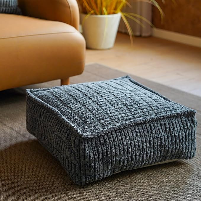 Unstuffed Pouf Ottoman Cover Soft Storage Extra Seat Farmhouse Comfortable Bohemian Poufs Accent Footrest 20x20x8 Inches for Living Room Bedroom Study Nook (Gray A, Square)