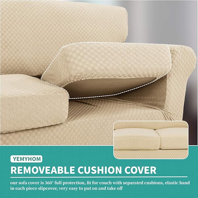 YEMYHOM Latest Checkered 2 Pieces Chair Covers for Living Room High Stretch Thickened Chair Slipcovers with Arms Anti Slip Elastic Armchair Sofa Couch Slipcover Protector (Beige), 31"-46"(1 Cushion)