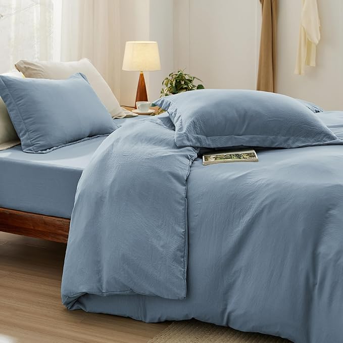 Bedsure Duvet Cover King Size with Fitted Sheet - 4 Pieces Prewashed Cotton-Like Extra Soft Bedding Set, Includes 1 Duvet Cover 104x90 Inches, 2 Pillow Shams, 1 Fitted Sheet, Mineral Blue
