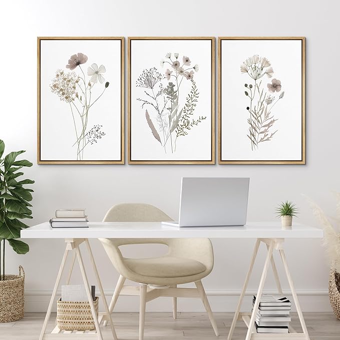 MUDECOR Framed Canvas Print Wall Art Watercolor Wildflower Art Print, Floral Botanical Prints, Minimalist Art, Modern Farmhouse for Bedroom - 24"x36"x3 Natural