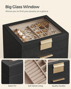 SONGMICS GISELLA Collection - Jewelry Box Organizer, 6-Layer Jewelry Storage with 5 Drawers, Shiny Metal Hardware, Glass Lid, Modern, 8 x 9.1 x 9 Inches, Ink Black and Gold Color UJBC176B01