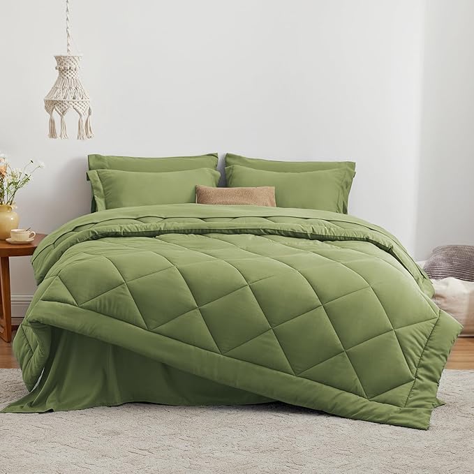 Love's cabin Queen Comforter Set Olive Green, 7 Pieces Queen Bed in a Bag, All Season Bedding Sets with 1 Comforter, 1 Flat Sheet, 1 Fitted Sheet, 2 Pillowcase and 2 Pillow Sham