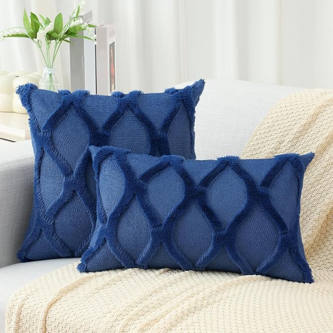 decorUhome Spring Euro Sham Throw Pillow Covers 26x26 Inch Set of 2, Soft Plush Faux Fur Wool Dark Blue Couch Pillow Covers, Decorative Neutral Pillow Cases for Bed Sofa Living Room Home Decor