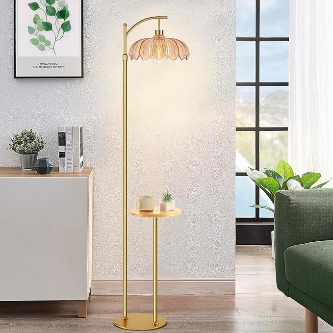 Gold Floor Lamp with Table and Shelves for Living Room Bedroom,Glass Standing Lamp with Remote Dimmable,Boho Brass Tall Lamp Vintage Farmhouse Arc Flower Floor Light Bohemian