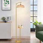 Gold Floor Lamp with Table and Shelves for Living Room Bedroom,Glass Standing Lamp with Remote Dimmable,Boho Brass Tall Lamp Vintage Farmhouse Arc Flower Floor Light Bohemian